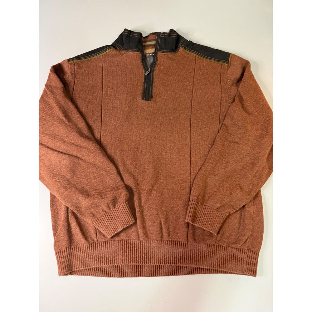 Cutter & Buck Mens Rust Orange 1/4 Zip Cotton Sweater Brown Shoulder Trim Large
